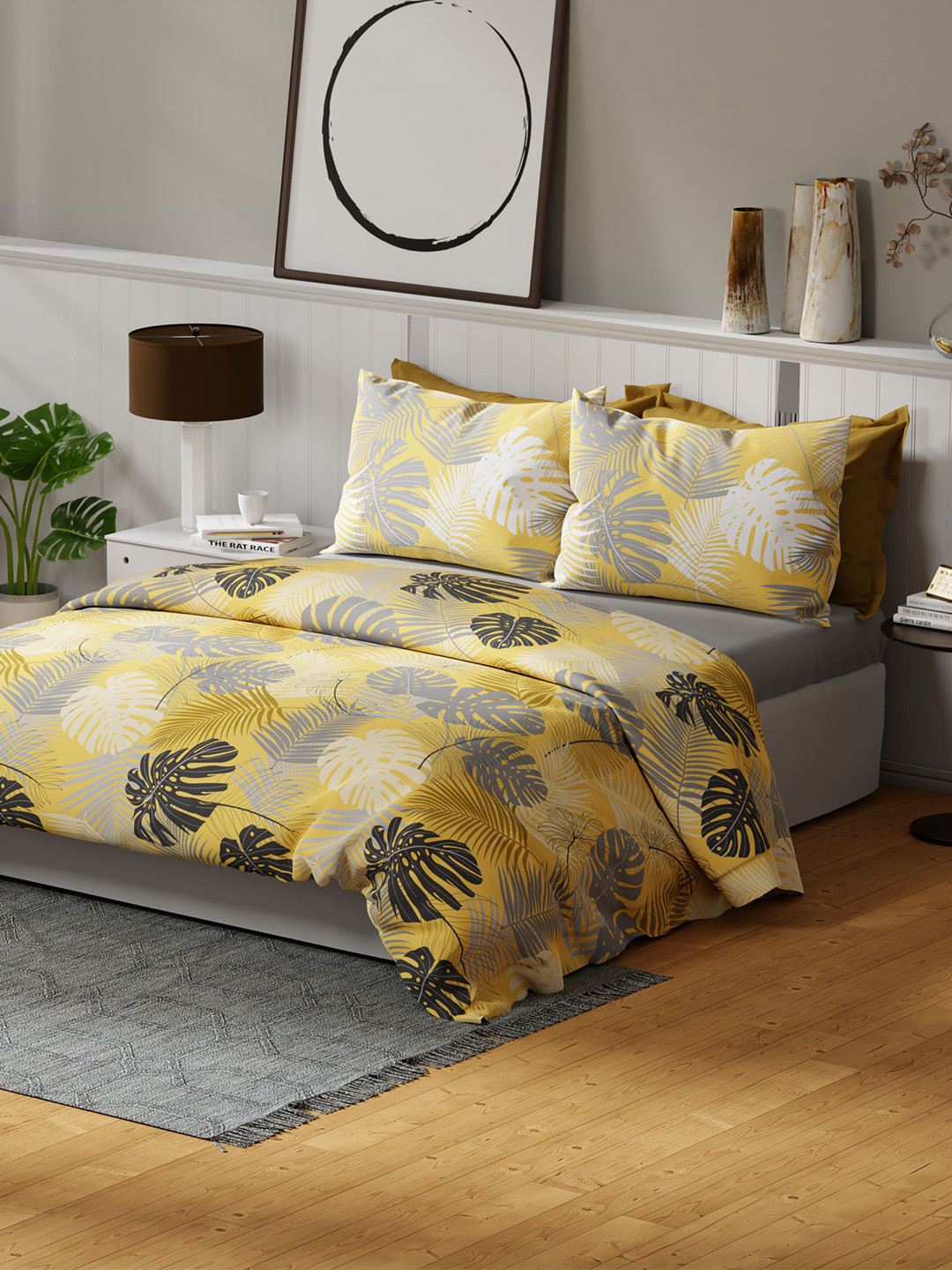United Colors of Benetton Rainbow Yellow Floral Cotton 144 TC Queen Bedsheet with 2 Pillow Covers-108 x 90 inches