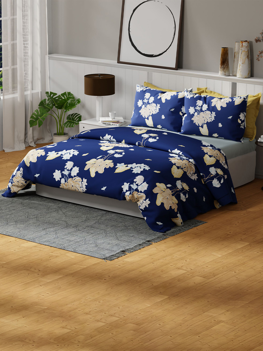 United Colors of Benetton Rainbow Navy Blue Floral Pure Cotton 144 TC Queen Bedsheet with 2 Pillow Covers-108 x 90 inches