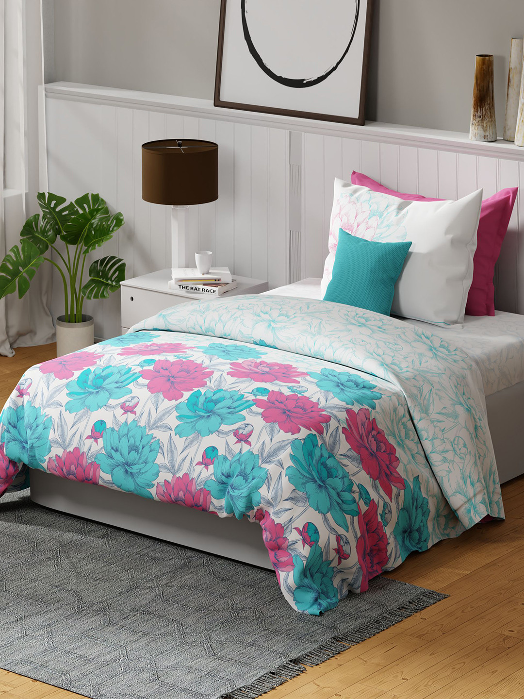 United Colors of Benetton Rainbow White Floral Cotton Skin-Friendly 144 TC Single Bedsheet with a Pillow Cover-90 x 60 inches