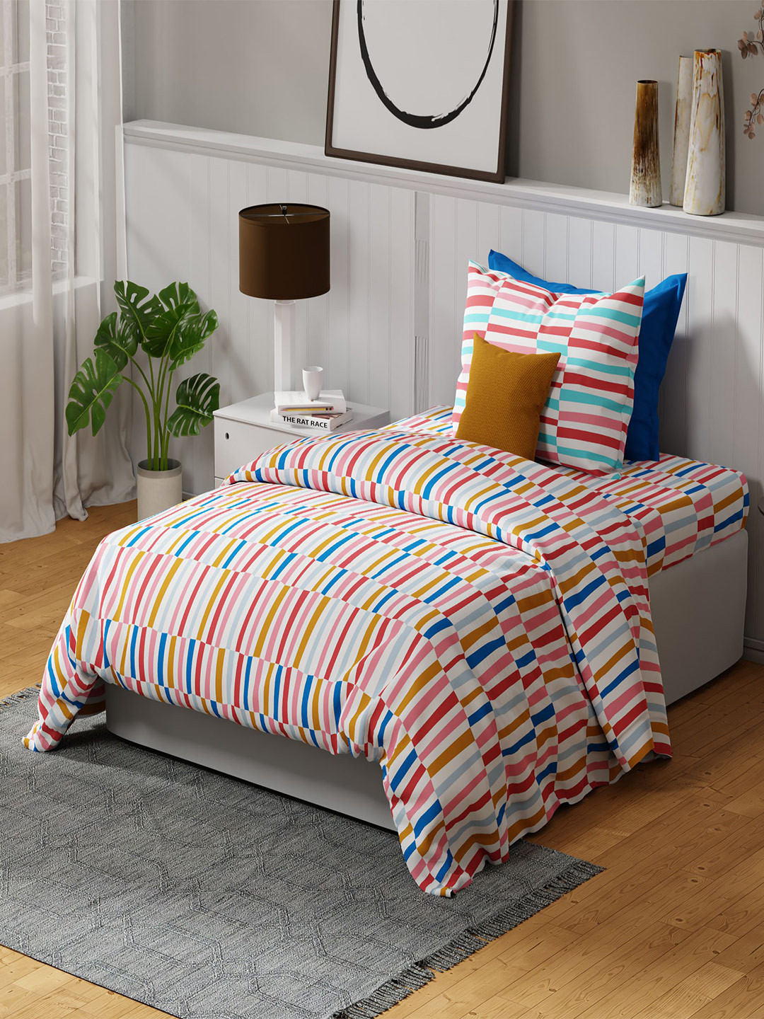 United Colors of Benetton Rainbow White Geometric Pure Cotton 144 TC Single Bedsheet with a Pillow Cover-90 x 60 inches