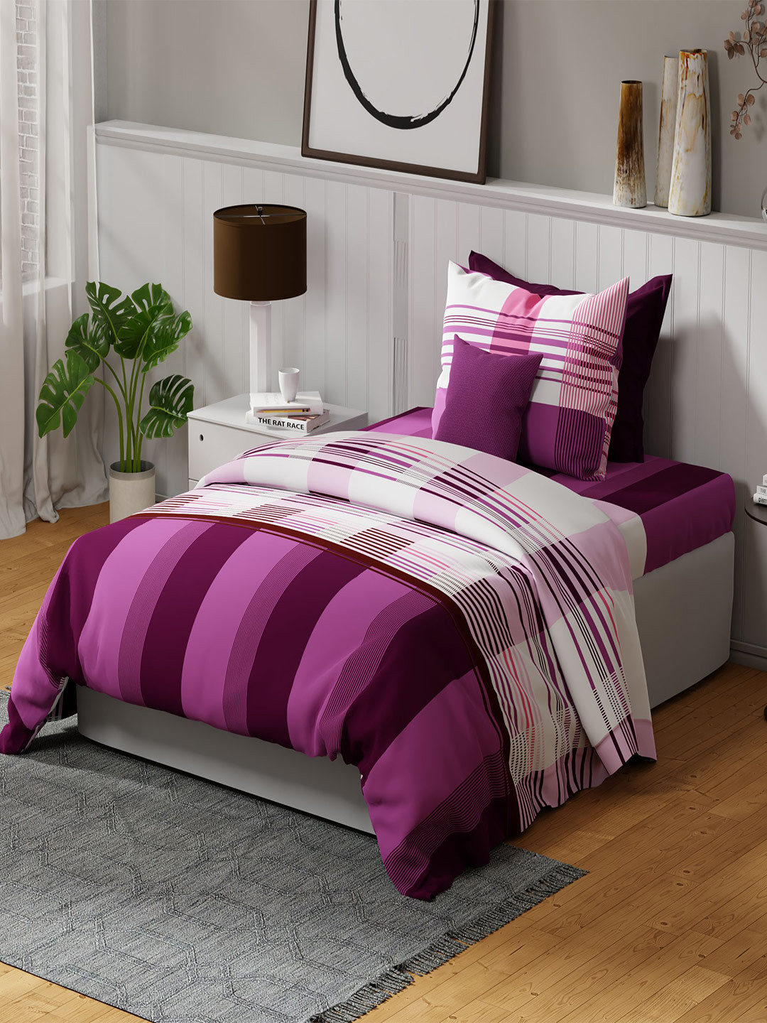 United Colors of Benetton Rainbow White Striped Pure Cotton 144 TC Single Bedsheet with a Pillow Cover-90 x 60 inches