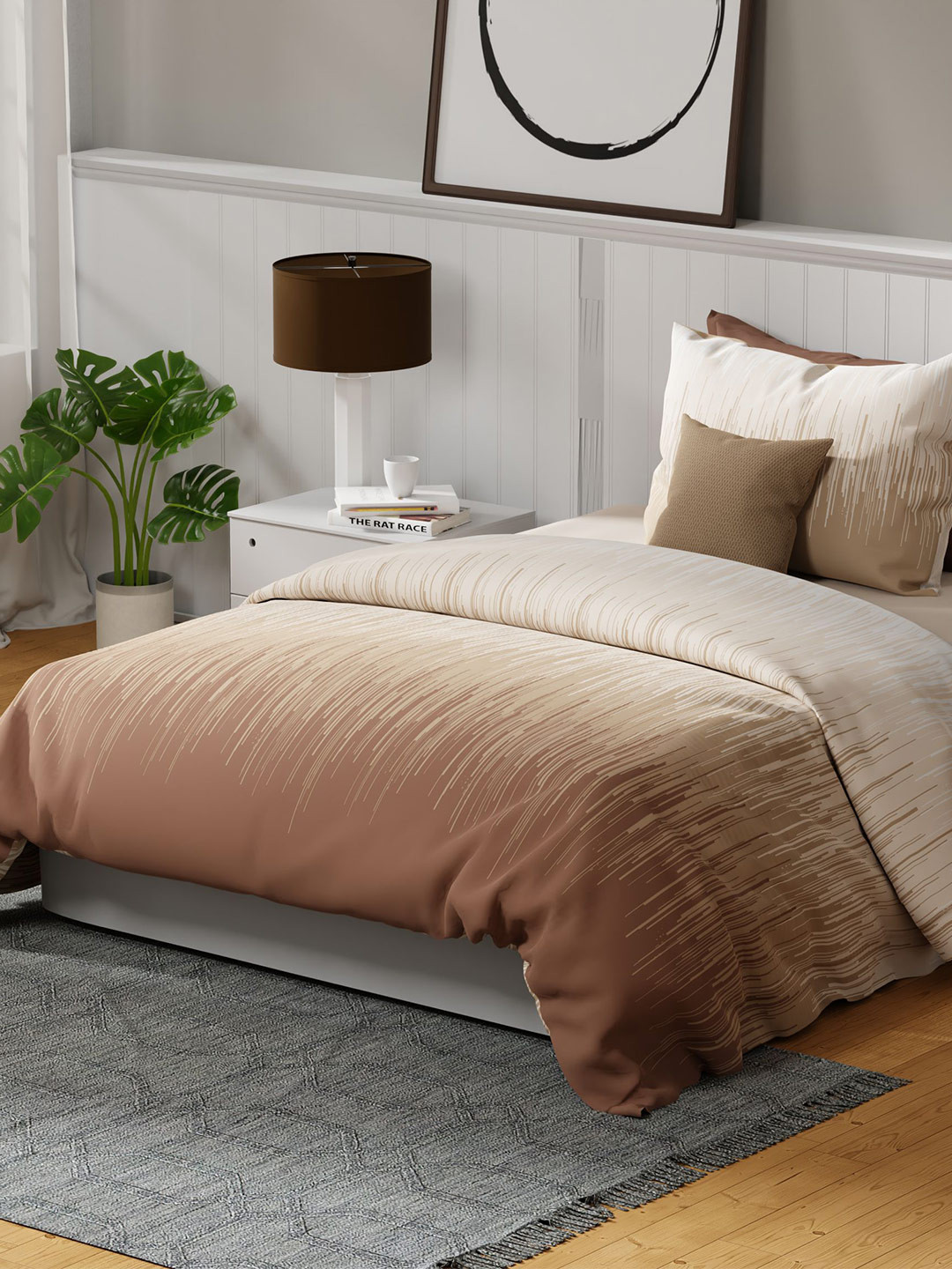 United Colors of Benetton Rainbow Brown Striped Pure Cotton 144 TC Double Bedsheet with a Pillow Cover-90 x 60 inches