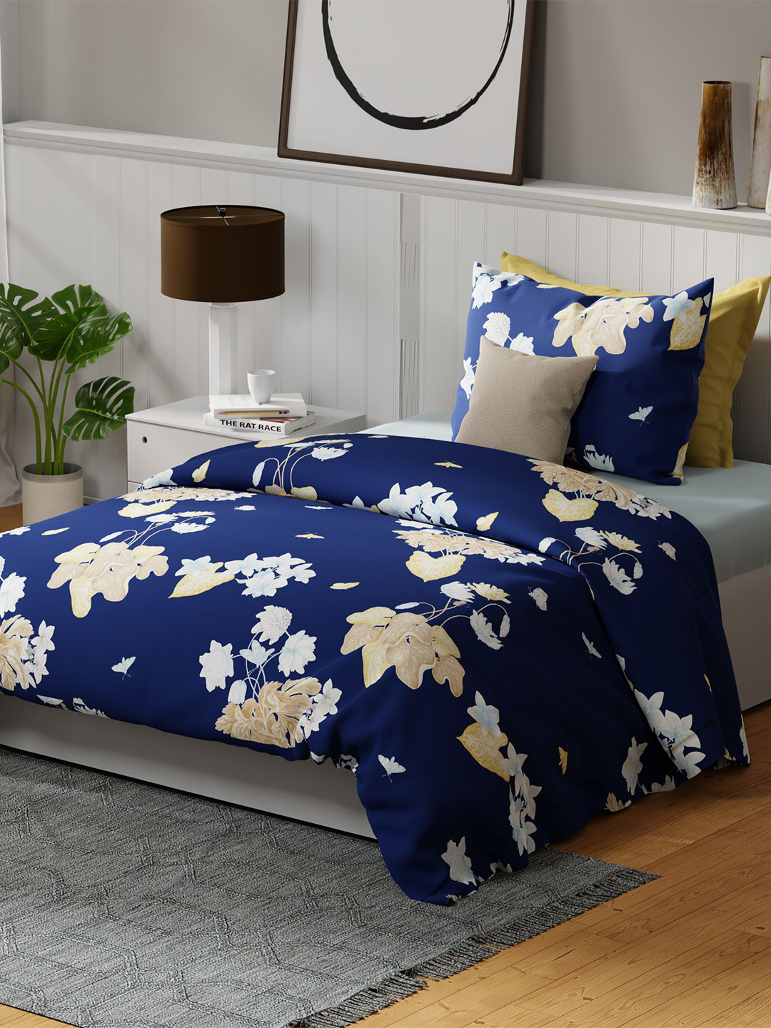 United Colors of Benetton Rainbow Navy Blue Floral Cotton Skin-Friendly 144 TC Single Bedsheet with a Pillow Cover-90 x 60 inches