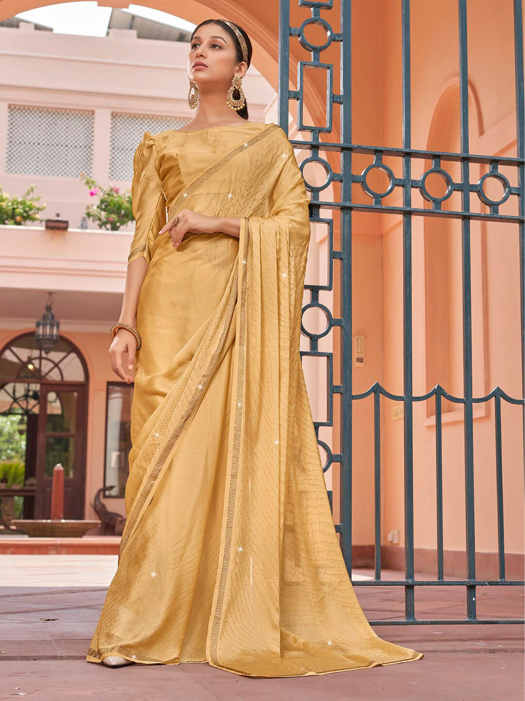 Kalista Gold-Toned Embellished Beads and Stones Satin Saree