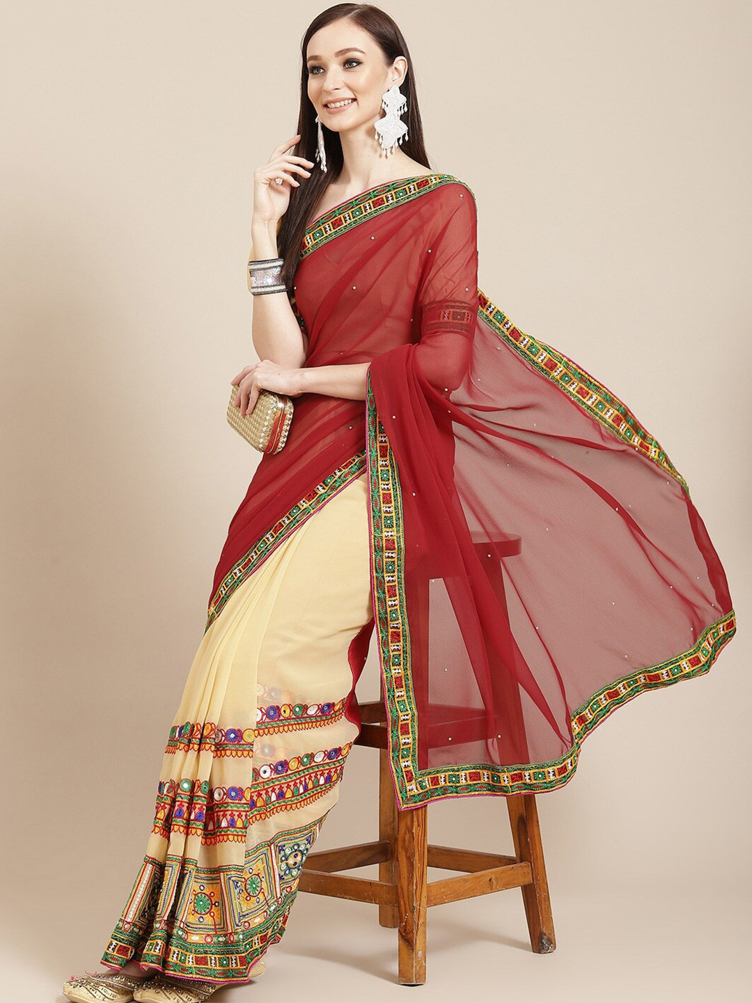 Mitera Maroon & Cream Ethnic Motifs Embroidered Pure Georgette Half And Half Saree