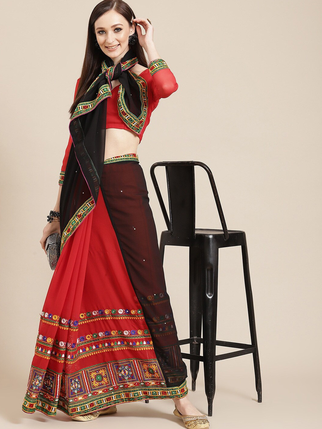 Mitera Red & Black Ethnic Motifs Embroidered Pure Georgette Half and Half Saree