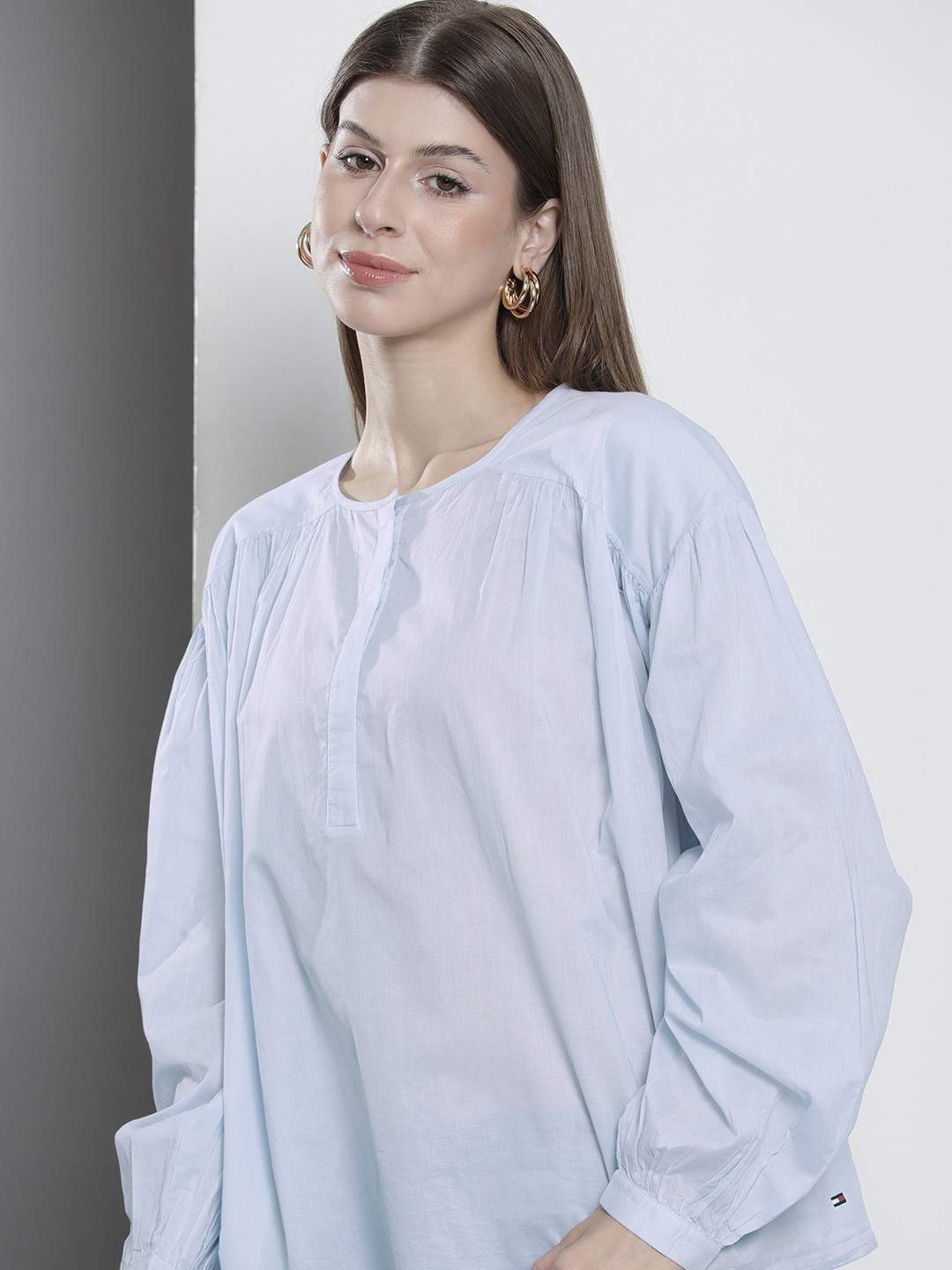 Tommy Hilfiger Solid Drop-Shoulder Sleeves Gathered Or Pleated Indigo Pure Cotton Top