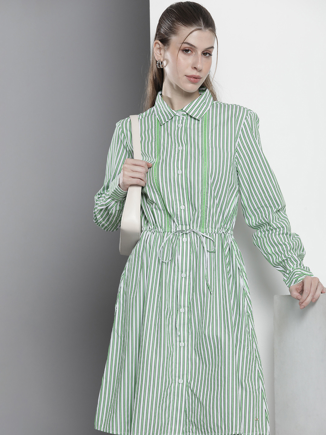 Tommy Hilfiger Striped Pure Cotton Shirt Dress With Tie-up Detail