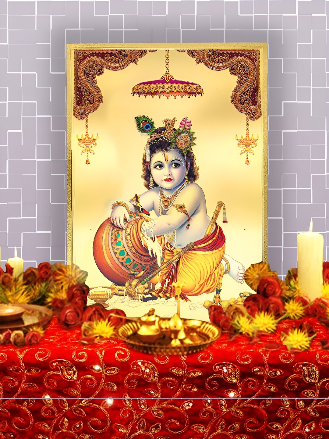 Hawai Gold-Toned & Red Bal Gopal Krishna Acrylic Wall Photo Frames