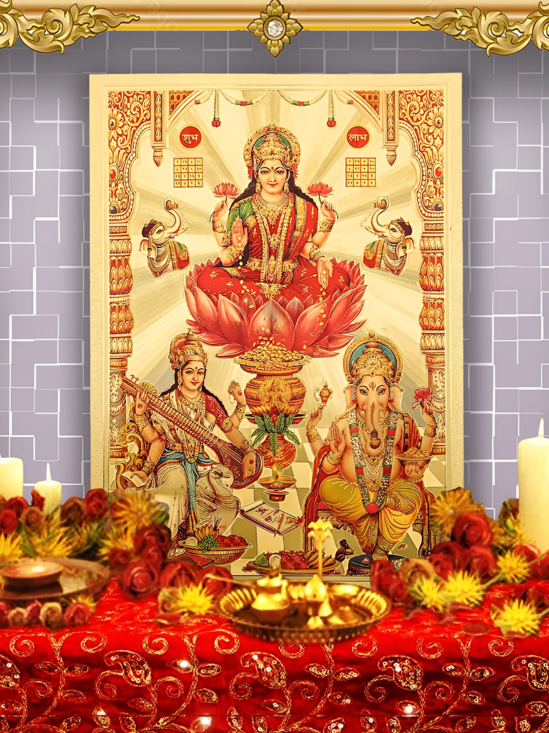 Hawai Gold-Toned & Red Saraswati Lakshmi Ganesh Acrylic Wall Photo Frames