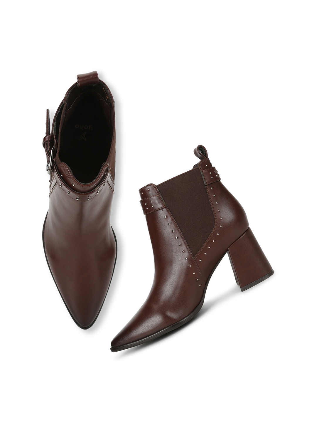Yoho Women Mid Top Embellished Pointed Toe Block Heel Chelsea Boots With Buckle Detail - Boots for Women 26518706 | Myntra