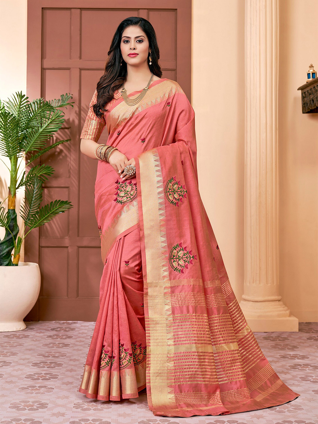 Mitera Peach & Red Floral Embroidered Assam Silk Cotton Banarasi Saree