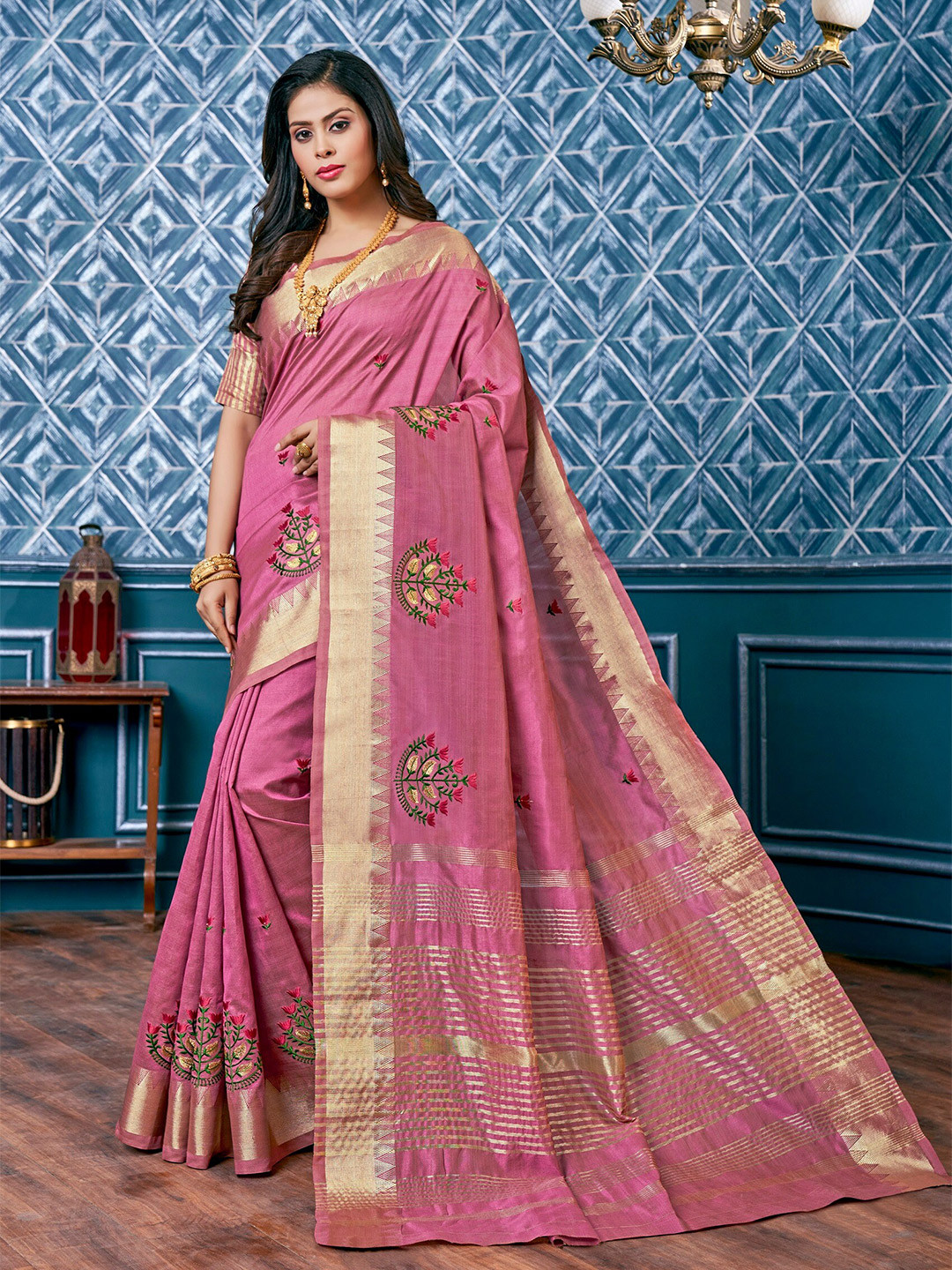 Mitera Pink & Gold Toned Floral Embroidered Assam Silk Cotton Zari Banarasi Saree