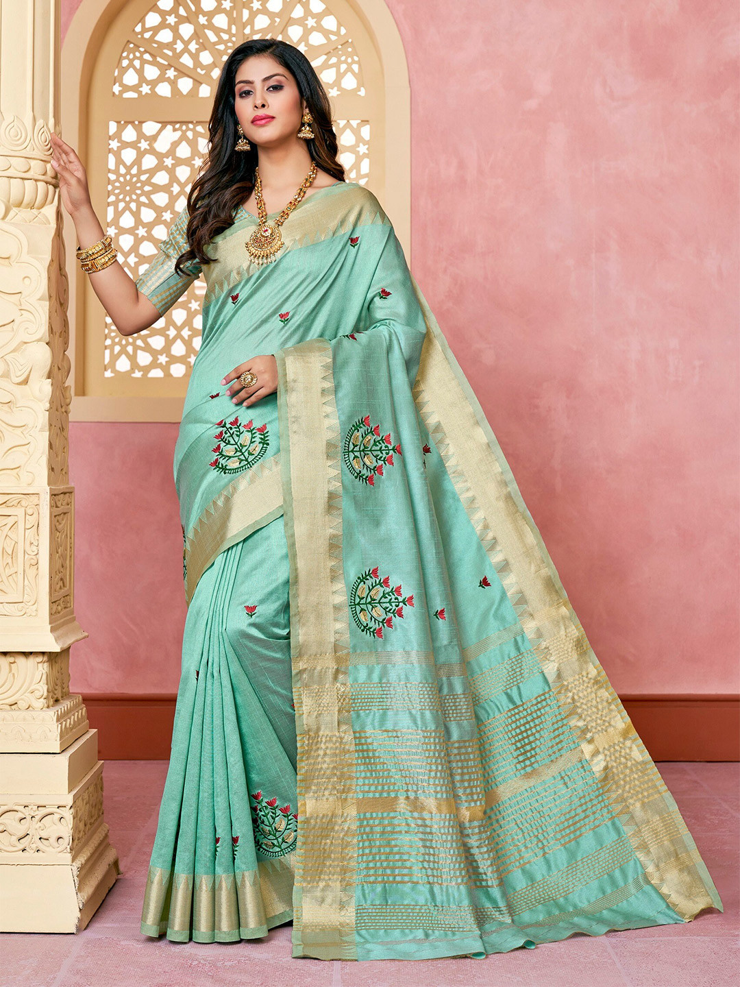 Mitera Turquoise Blue & Red Floral Embroidered Assam Silk Cotton Banarasi Saree