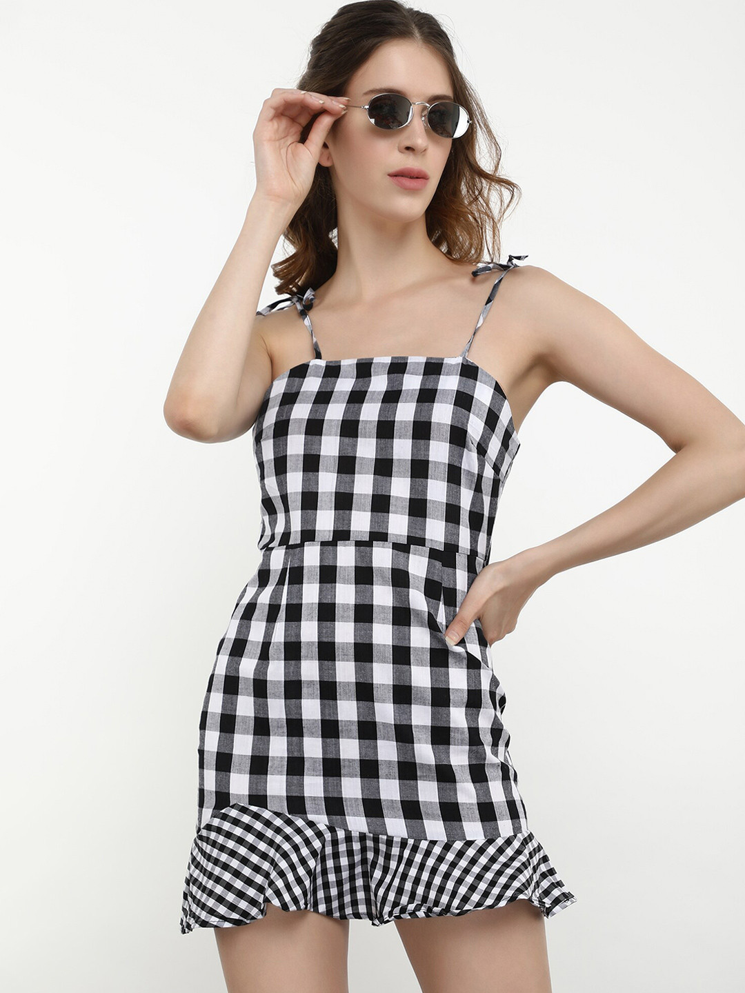 LULU & SKY Black & White Checked Shoulder Straps A-Line Mini Dress
