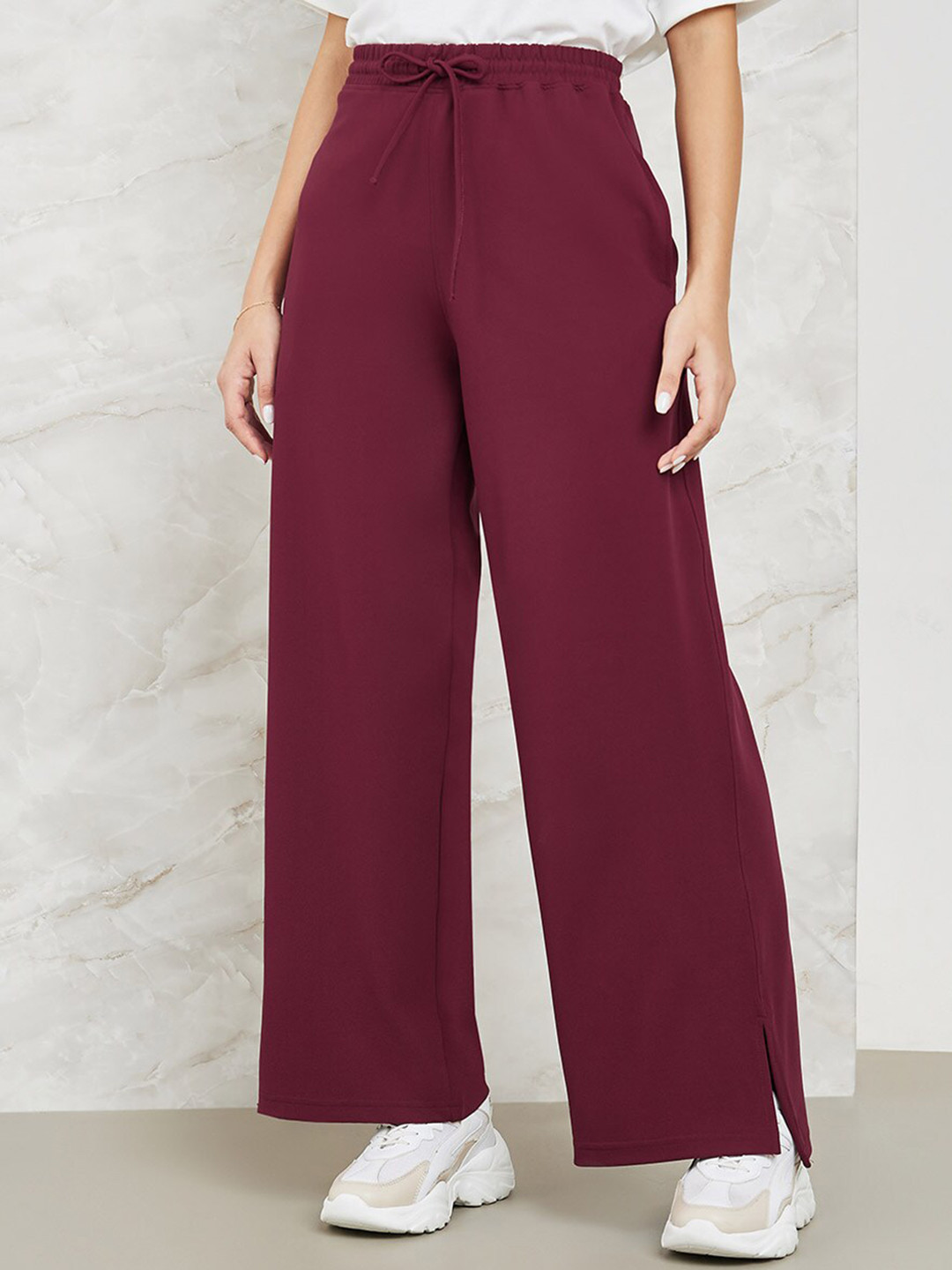 Styli Women Burgundy Wide Leg Mid-Rise Track Pants