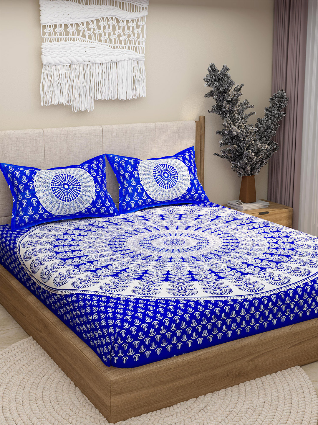 Lali Prints Blue Ethnic Motifs Cotton 130 TC Queen Bedsheet with 2 Pillow Covers-89 x 100 inches