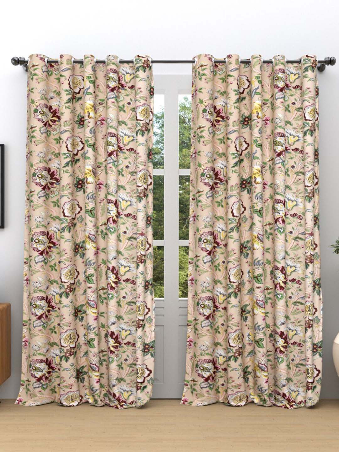 EasyGoods Green & Brown 2 Pieces Floral Printed Black Out Cotton Long Door Curtains