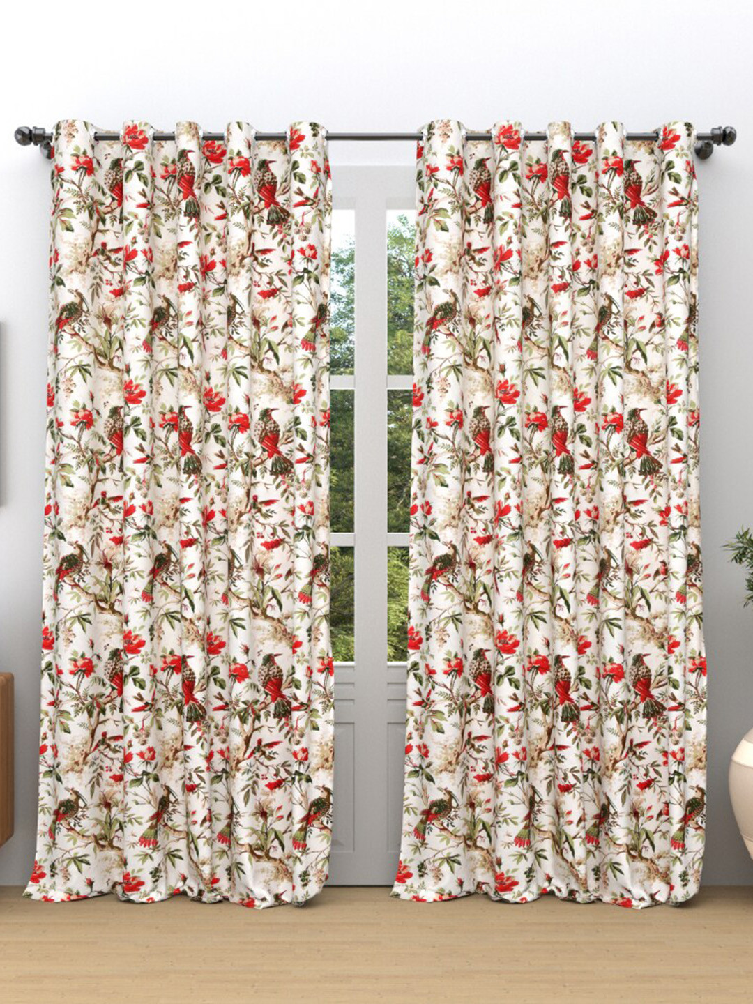 EasyGoods Beige & Red 2 Pieces Floral Printed Black Out Long Door Curtains