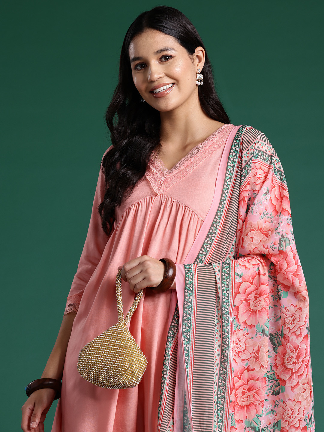 Sangria Alia Cut Lace Inserts Empire Kurta with Trousers & Dupatta