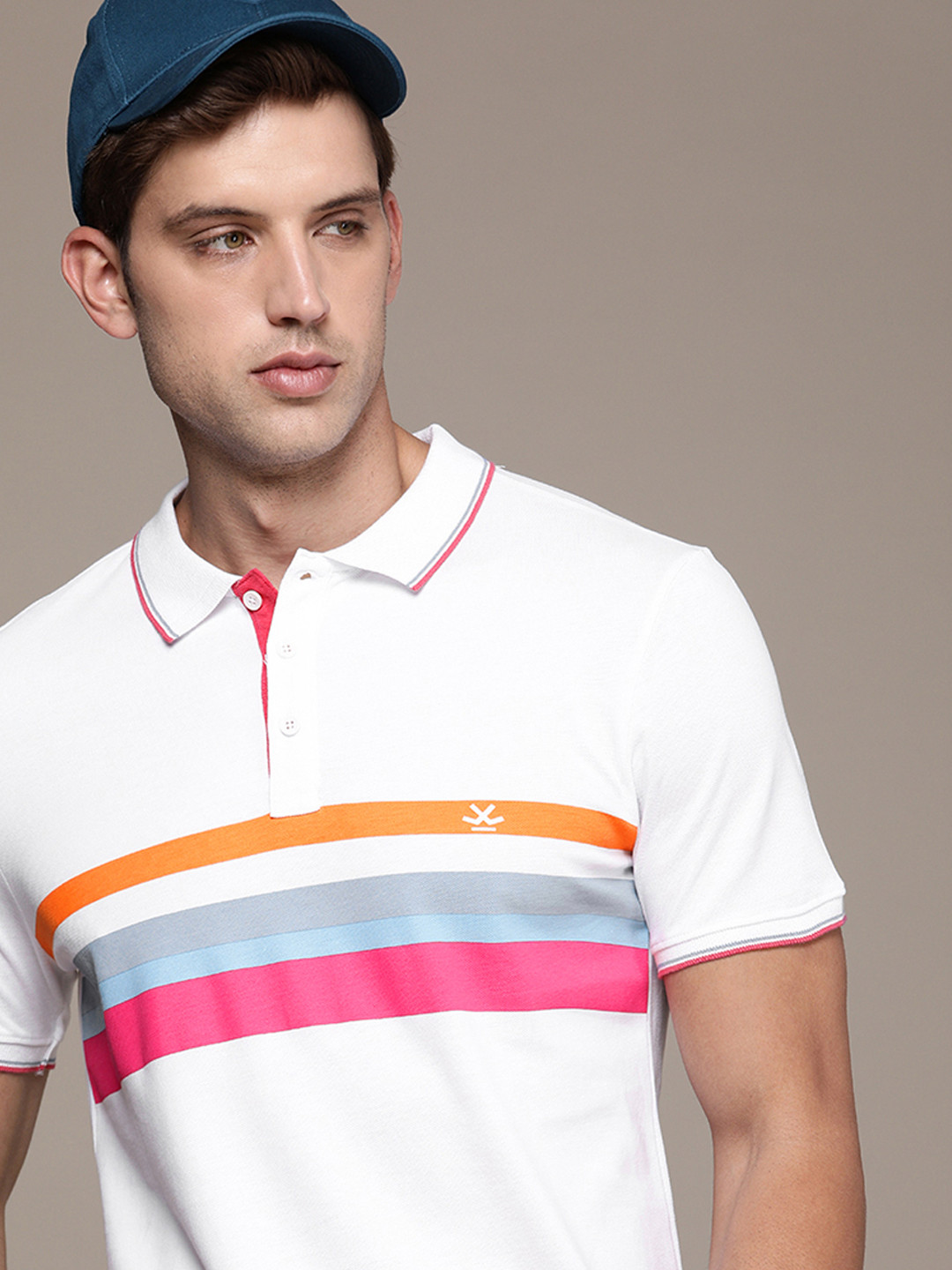 WROGN Men Multi Or Variegated Stripes Polo Collar  Cotton Slim Fit T-shirt