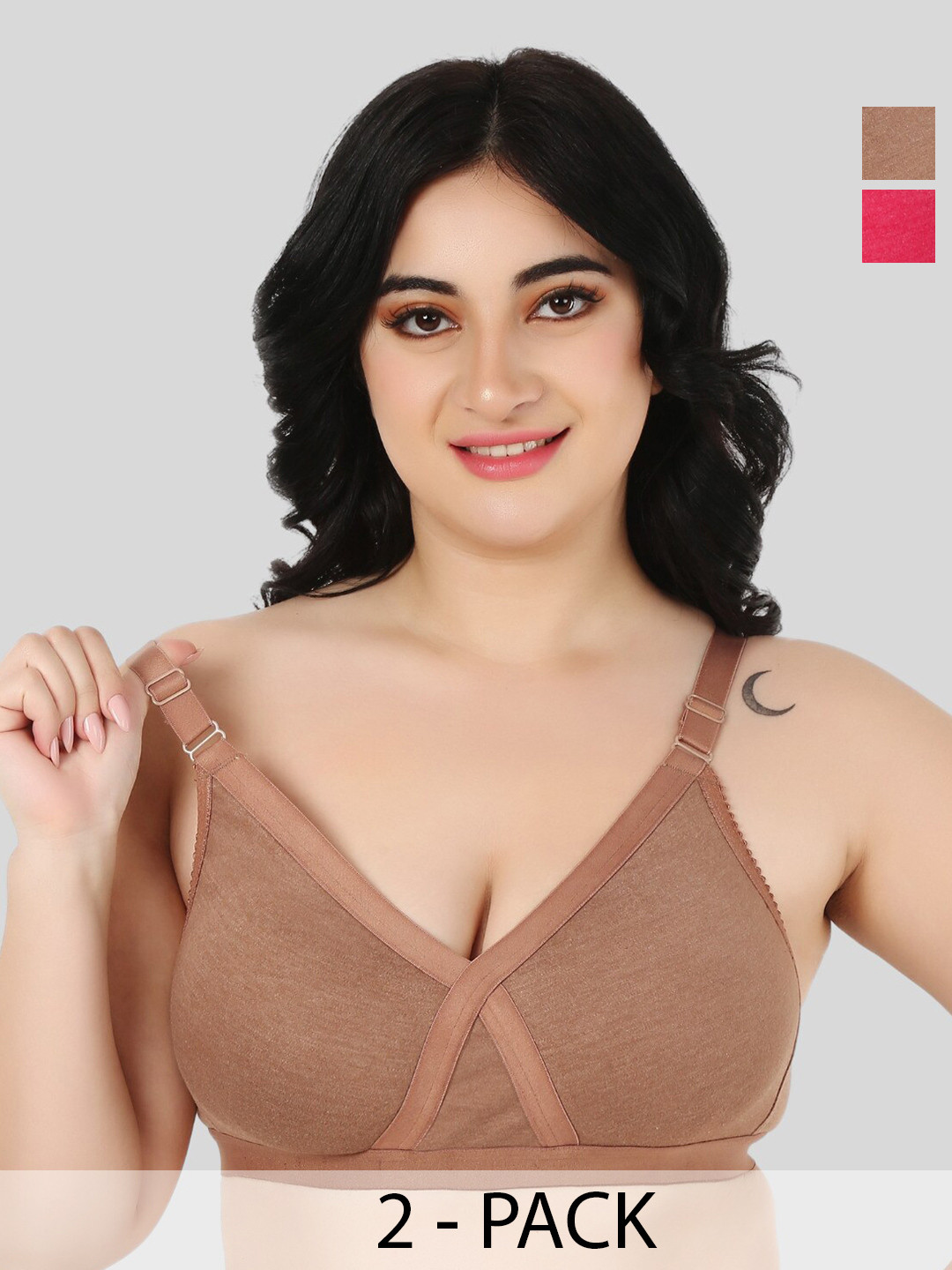 FUNAHME Pack Of 2 Full Coverage Non Padded Cotton T-shirts With All Day Comfort