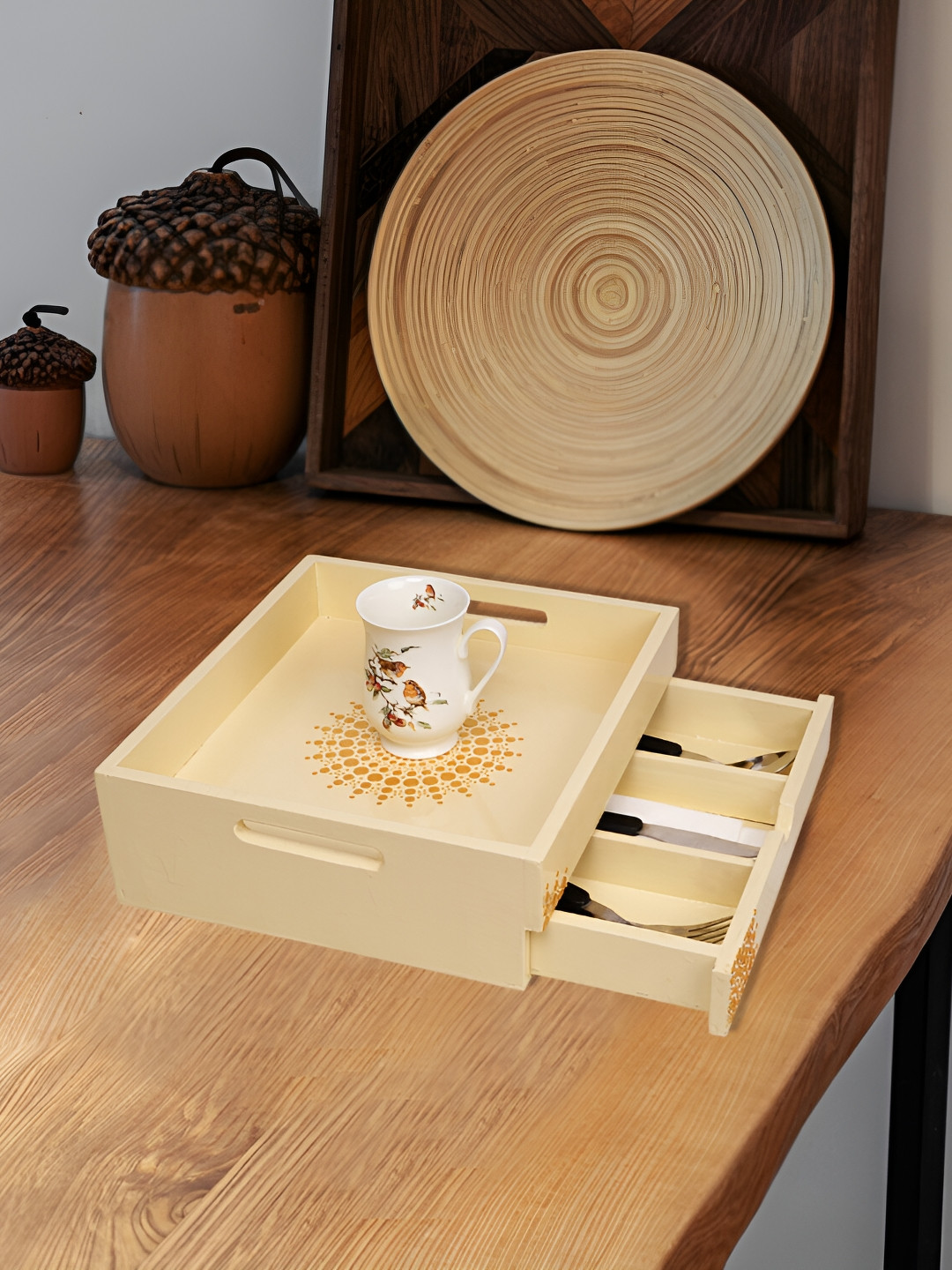 Lal Haveli Off White Rectangle Inside Drawer Wooden Serving Tray