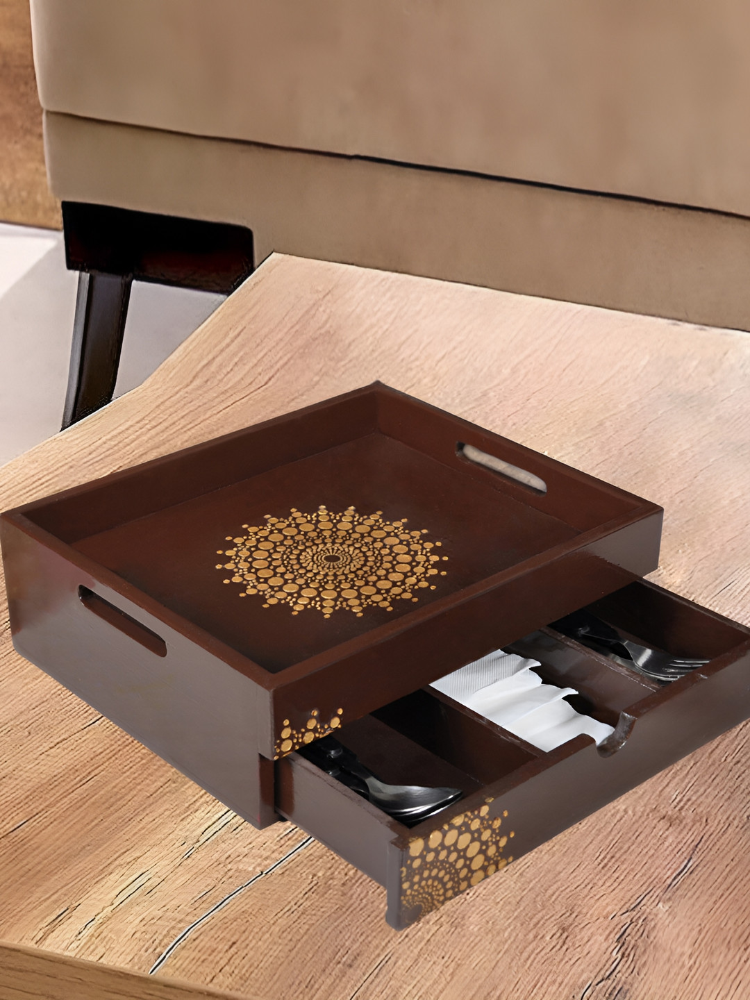 Lal Haveli Brown Wooden Serving Tray with Inside Drawer