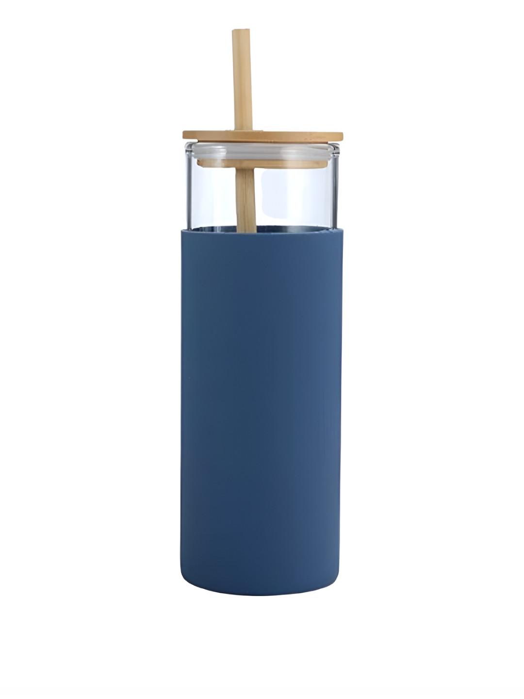 WELOUR Blue Glass Tumbler With Bamboo Straw 400 ML