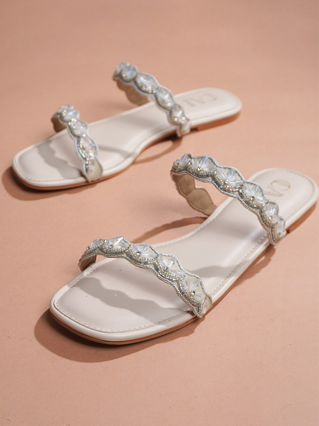 CAI Cream Embellished Open Toe Party Flats