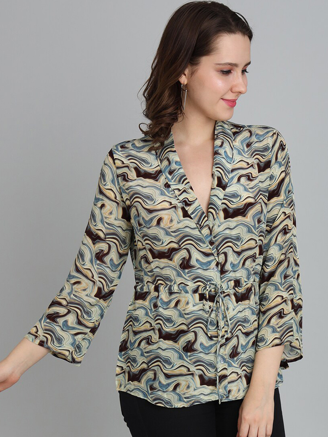 FABDYOR Abstract Printed Lapel Collar Tie-Ups Shirt Style Top