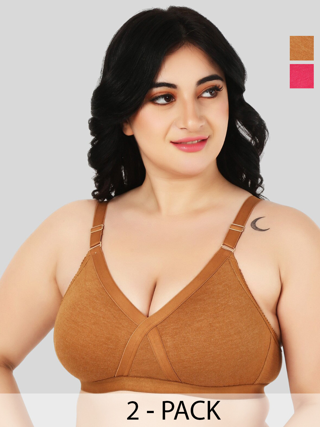 FUNAHME Pack Of 2 Full Coverage Non Padded Cotton T-shirts With All Day Comfort