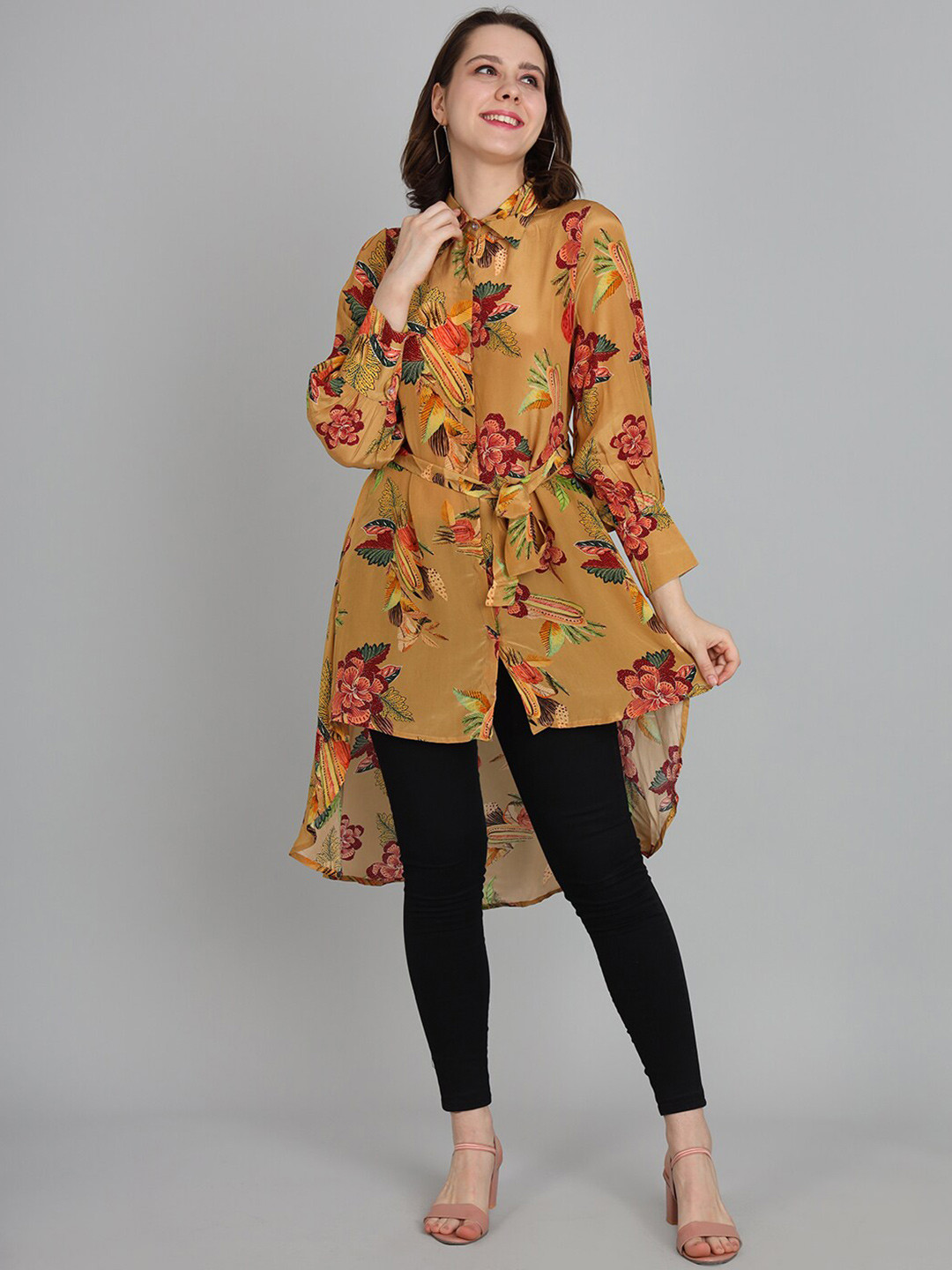 FABDYOR Shirt Collar Floral Printed Crepe Tunic