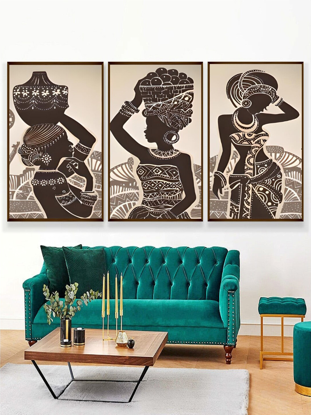 The Art House Beige and Brown 3 Pieces Wooden Abstract Wall Paintings