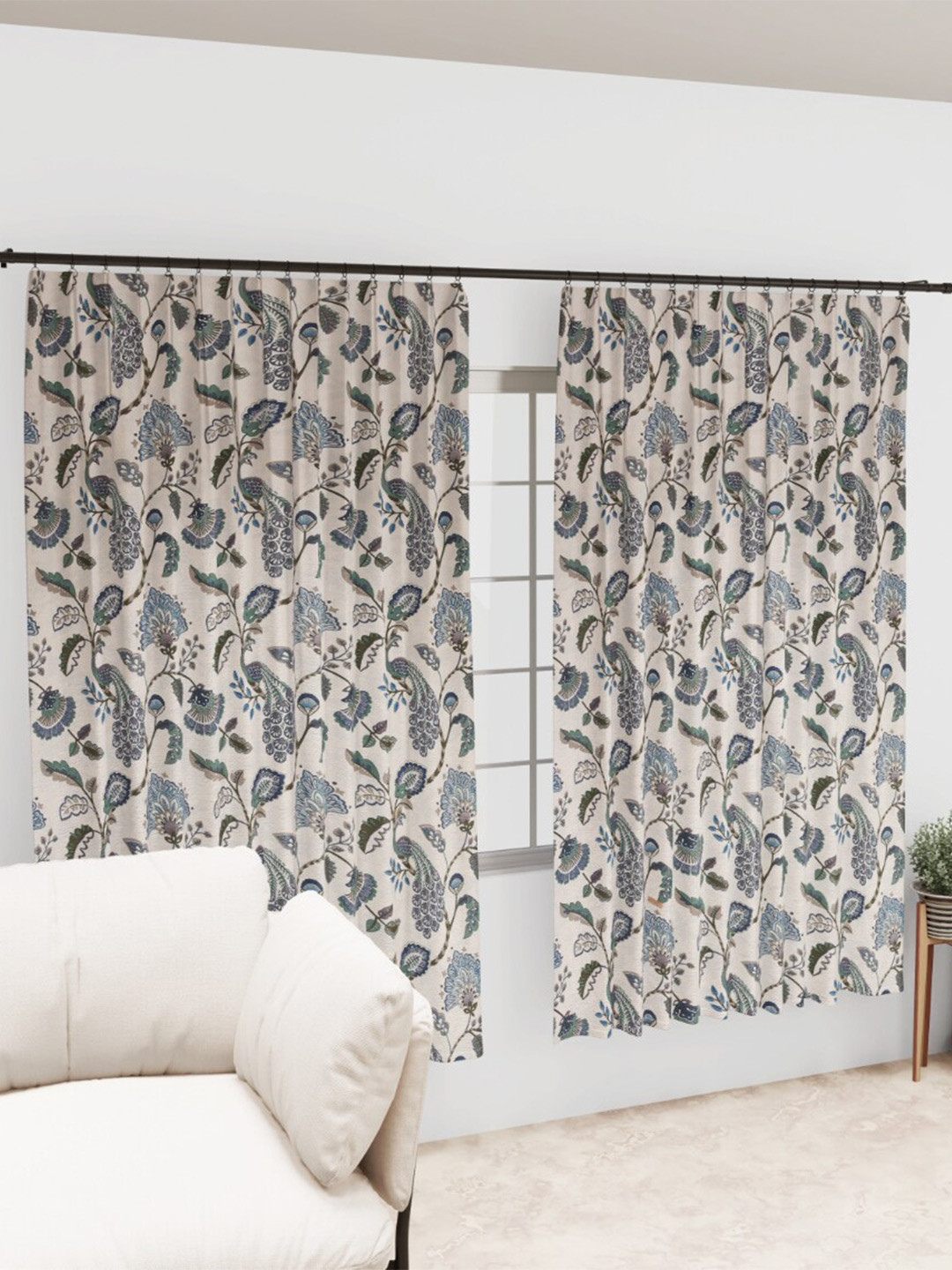 EasyGoods Anokhi White & Blue Floral Black Out Long Door Curtain