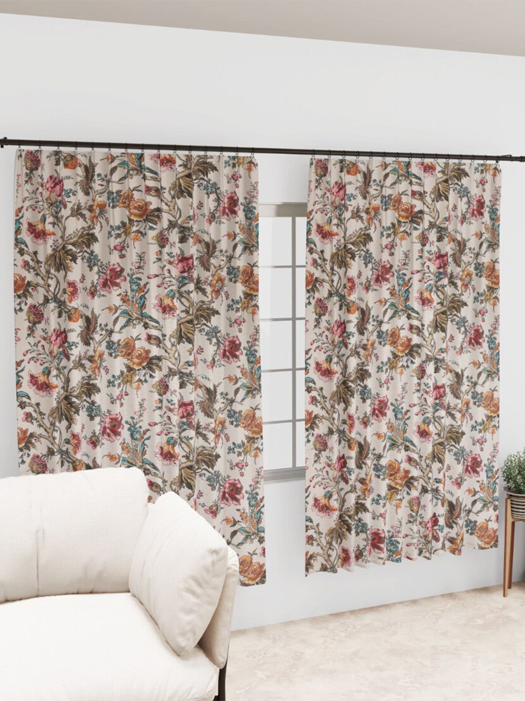 EasyGoods Mustard & Red 2 Pieces Floral Cotton Black Out Long Door Curtains
