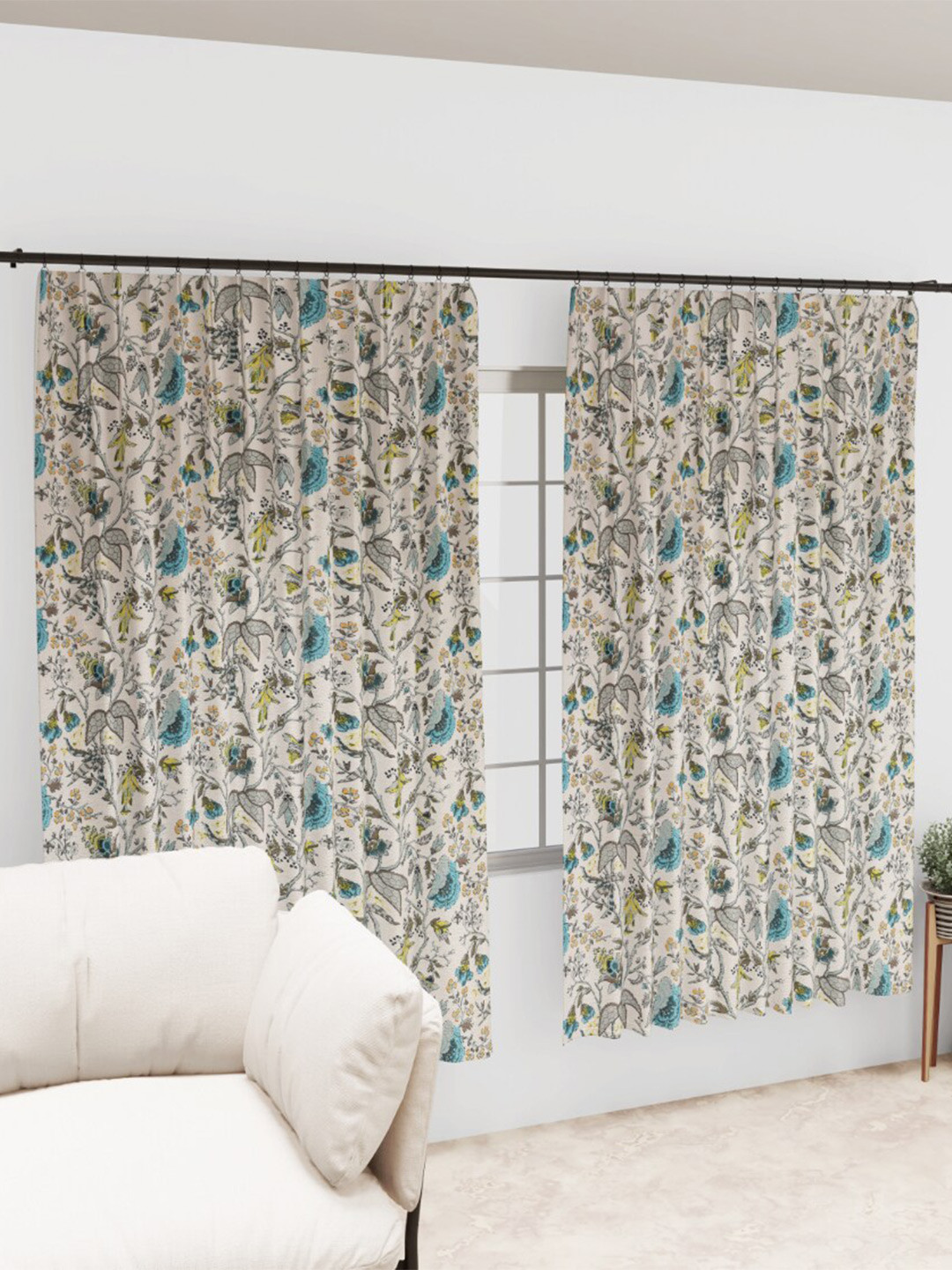 EasyGoods Anokhi Beige & Grey Floral Cotton Black Out Long Door Curtains