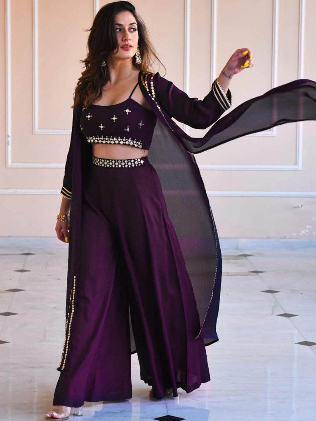 Purple State Embroidered Crop Top With Palazzos & Shrug