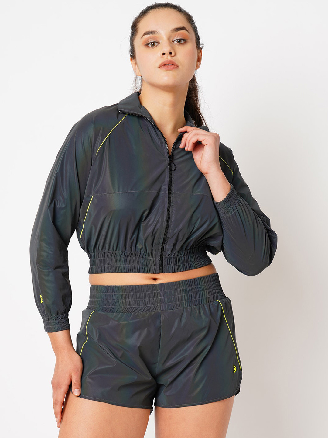 BODD ACTIVE Spread Collar Reflective Strip Running Crop Sporty Jacket