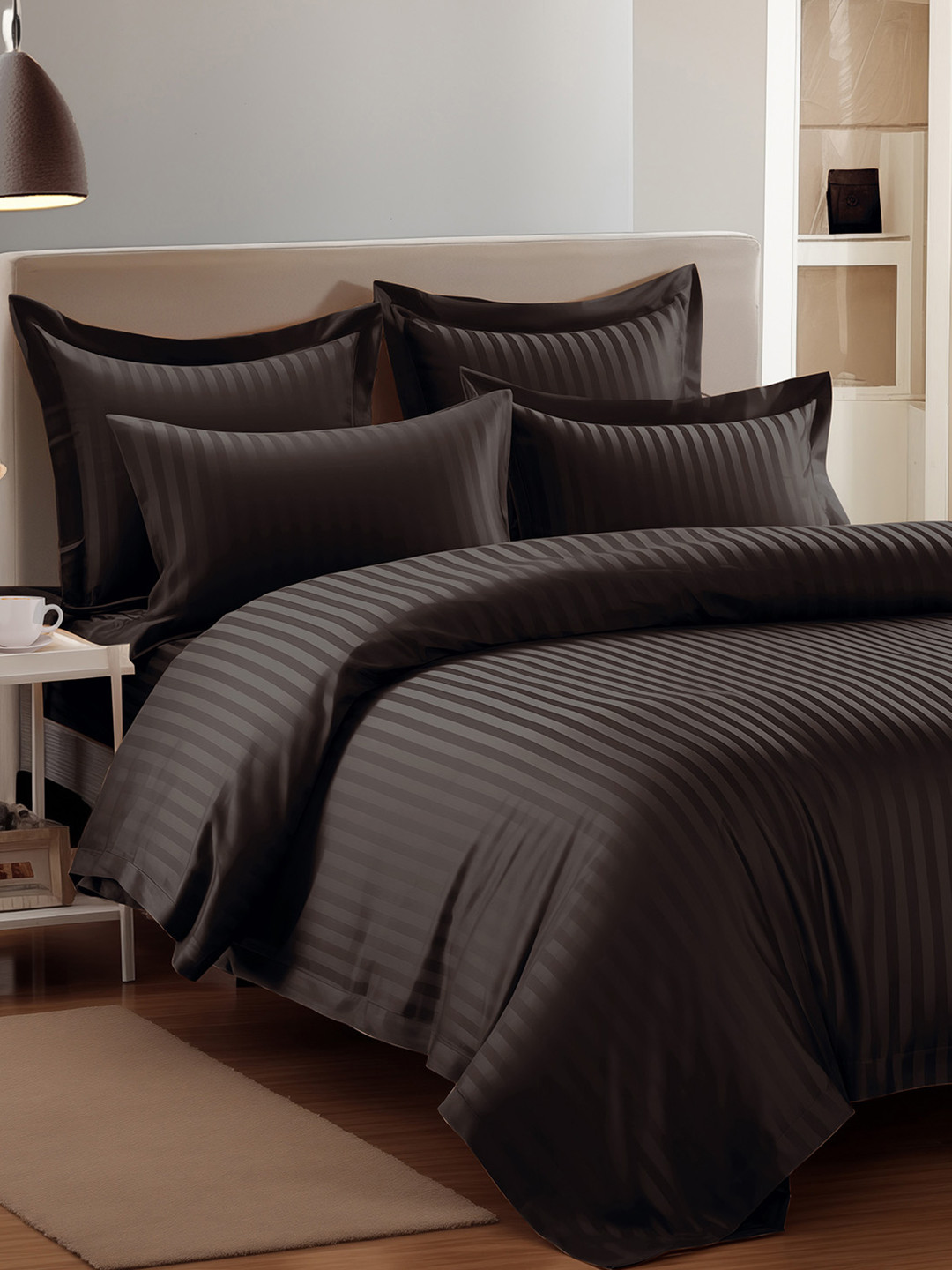 Story@home Brown 4 Pieces Striped Microfiber Double Size Bedding Set