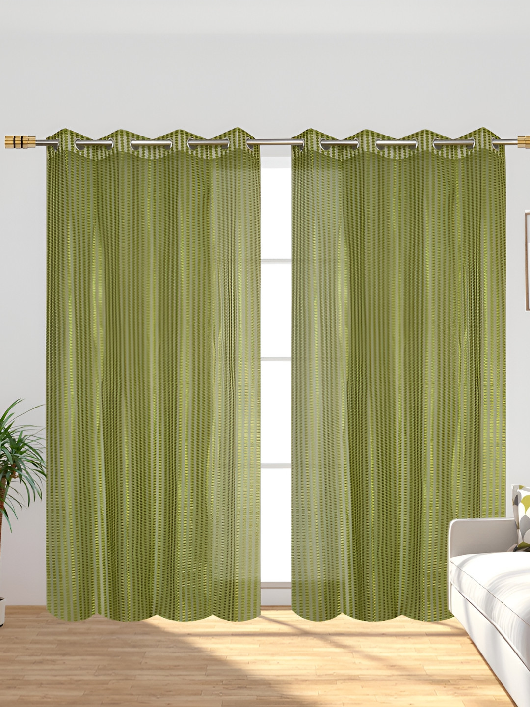 AH ARTSY HOME Green 2 Pieces Striped Sheer Door Curtain