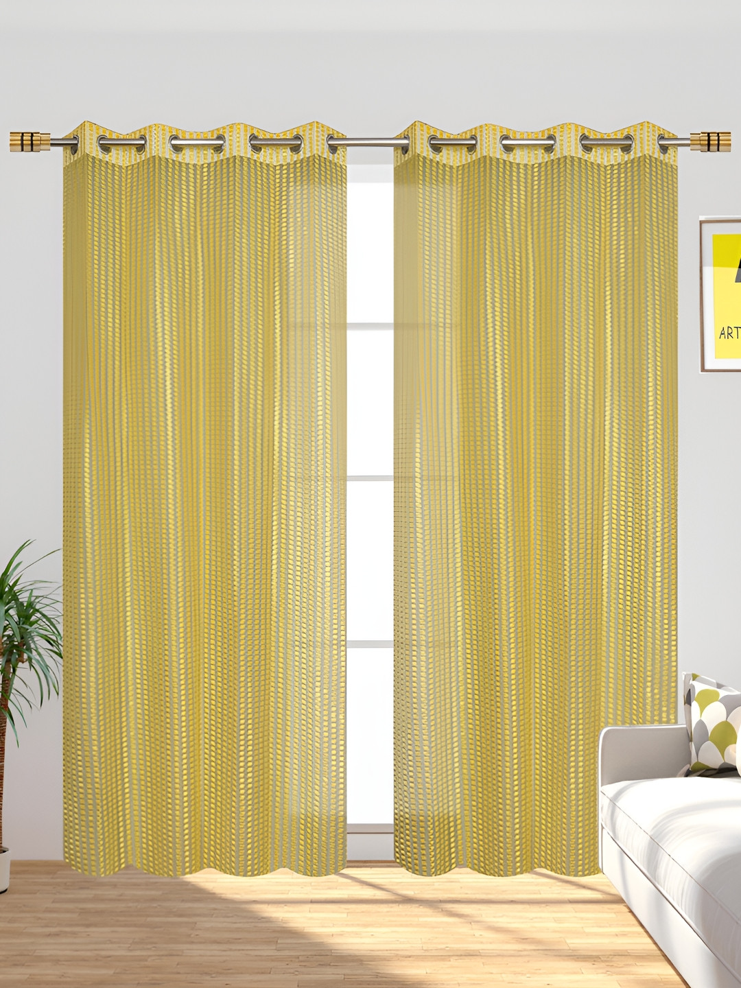AH ARTSY HOME Yellow 2 Pieces Striped Sheer Door Curtain