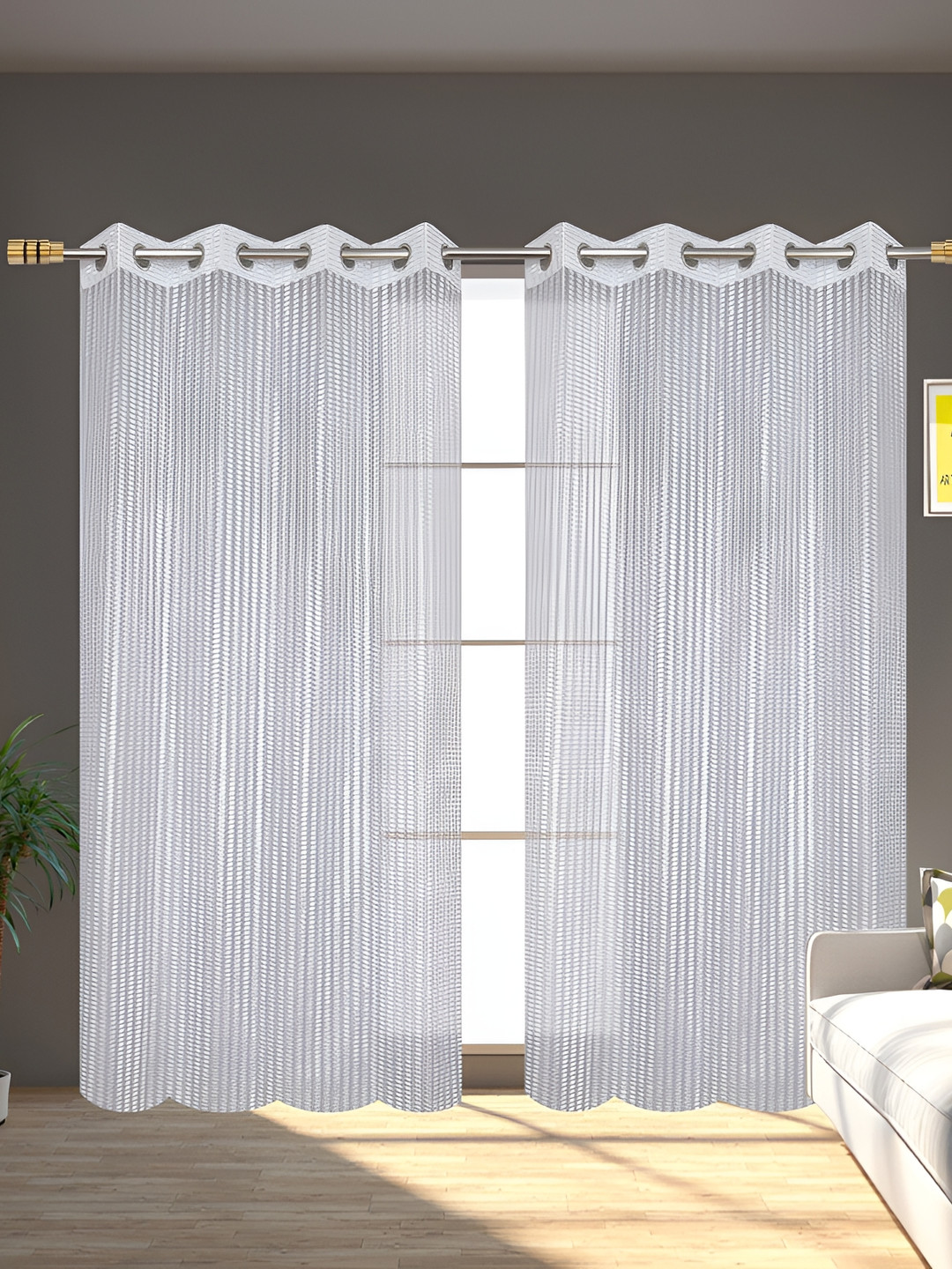 AH ARTSY HOME White 2 Pieces Striped Sheer Door Curtain