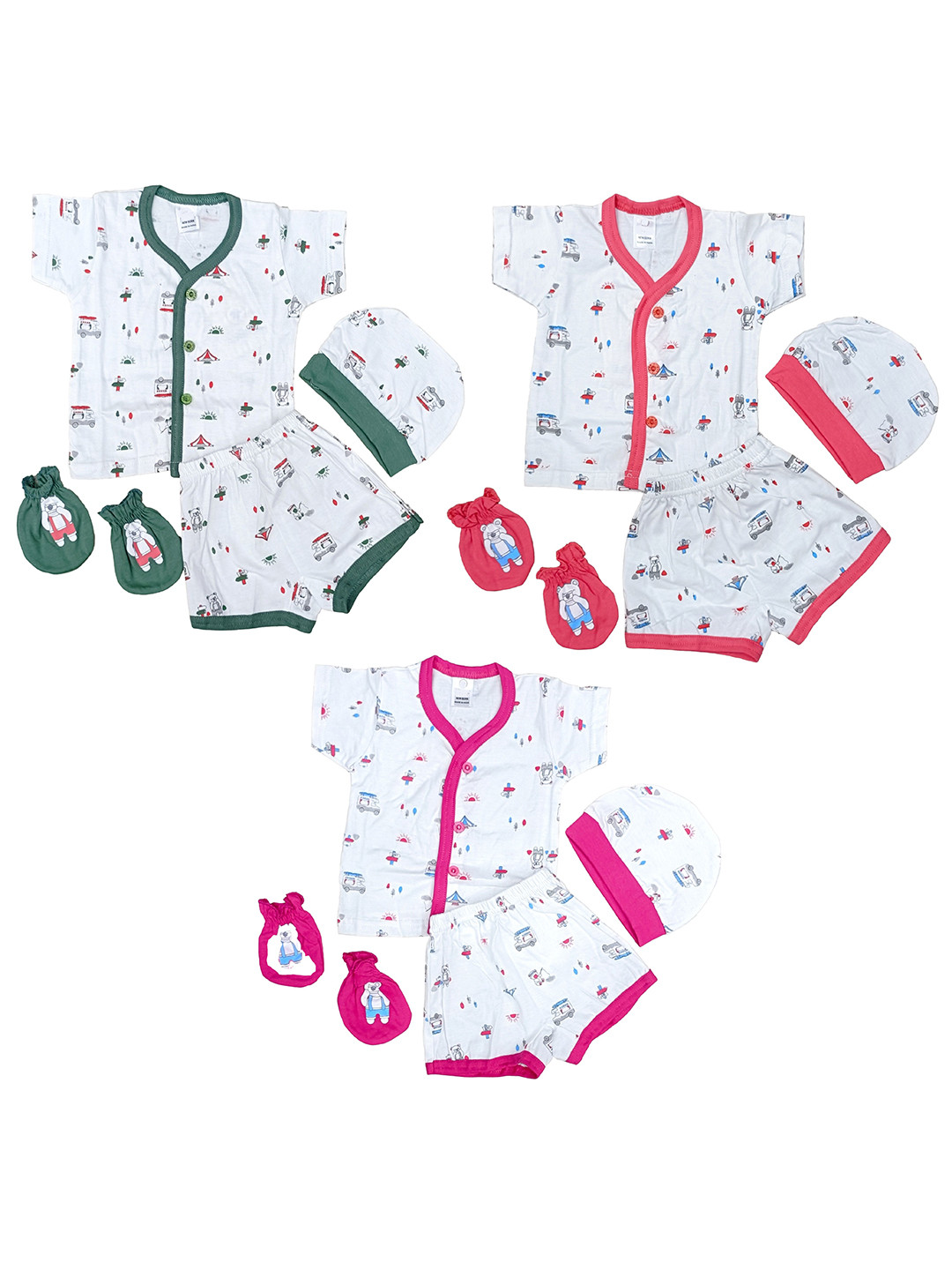 BAESD Kids Pack of 3 Kids Pure Cotton Shirt With Shorts Caps & Mitten