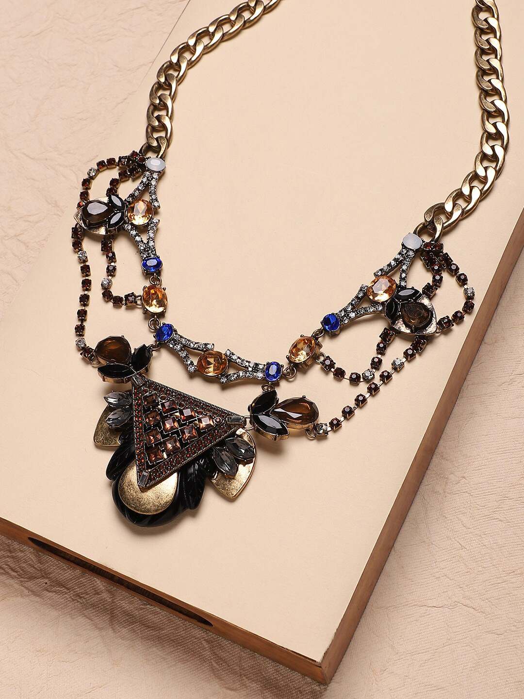 Sangria Gold-Toned Gold-Plated Stone-Studded Layer Drop Statement Necklace