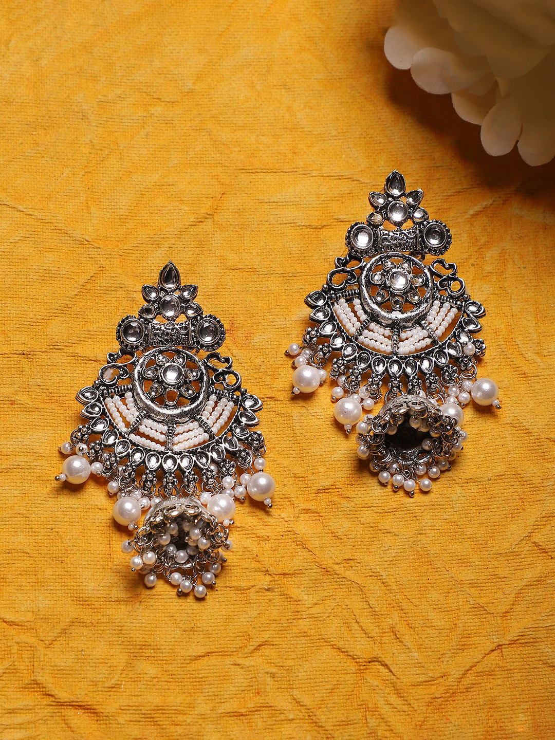 Sangria Silver Plated Oxidised Kundan Jhumkas