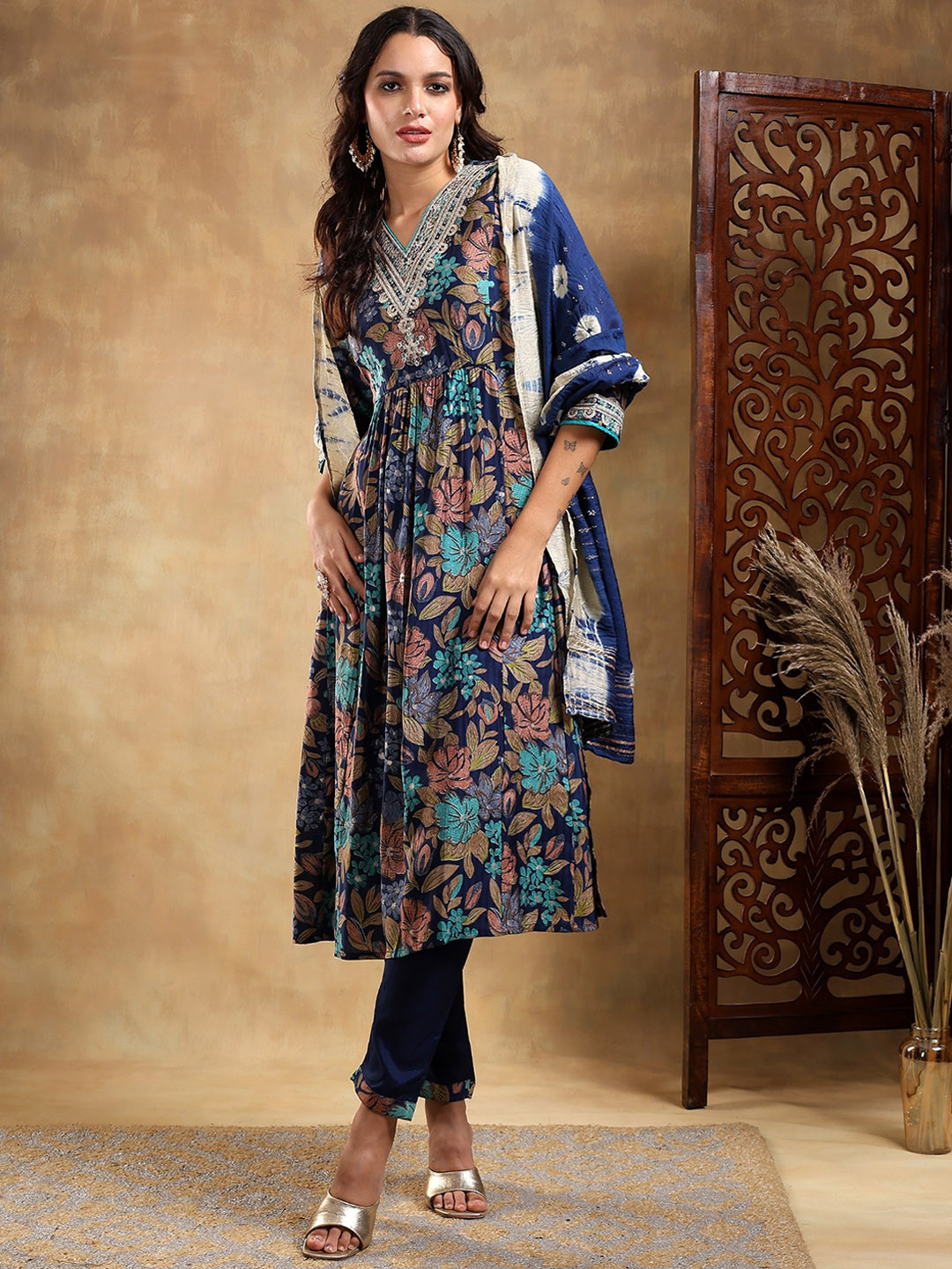 Bani Women Floral Print Embroidered Pleated Kurta with Trousers & Dupatta