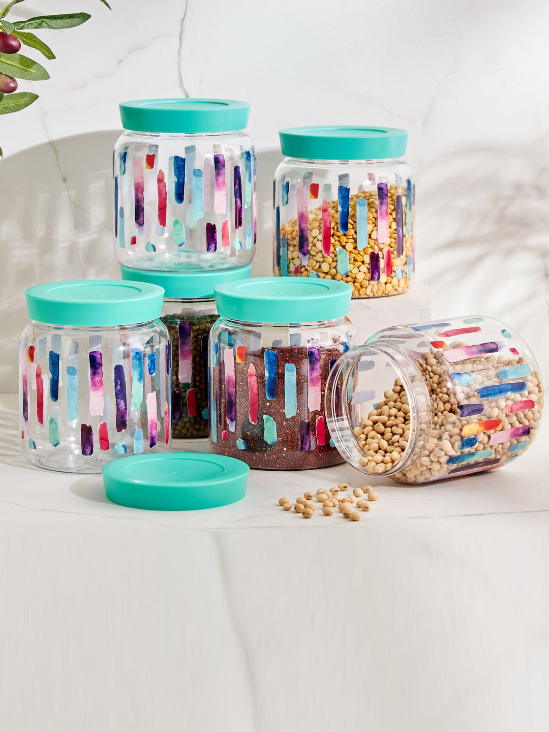 Home Centre Unisex Teal & Transparent 6Pcs Printed Kitchen Storage 900Ml