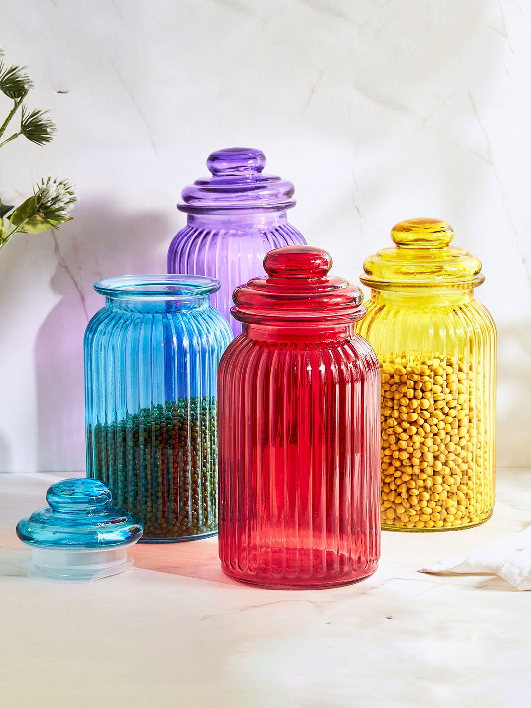 Home Centre Corsica Medika Red Glass 4 Piece Flip Top Canister-1.2L