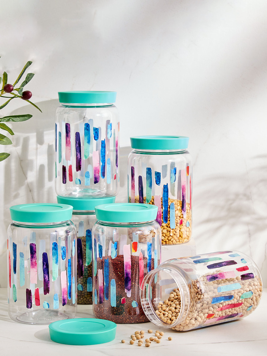 Home Centre Teal 6 Pcs Printed Kitchen Storage 1.4L